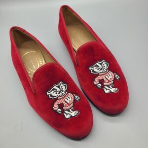 Stubbs & Wootton Wisconsin Badgers red Velvet Loafers Slippers Shoes 6.5 new